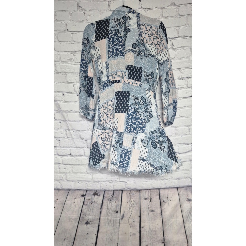 Cato Womens Western Boho Patchwork Shirt Dress Blue Floral Paisley Frayed Hem M - Picture 4 of 8